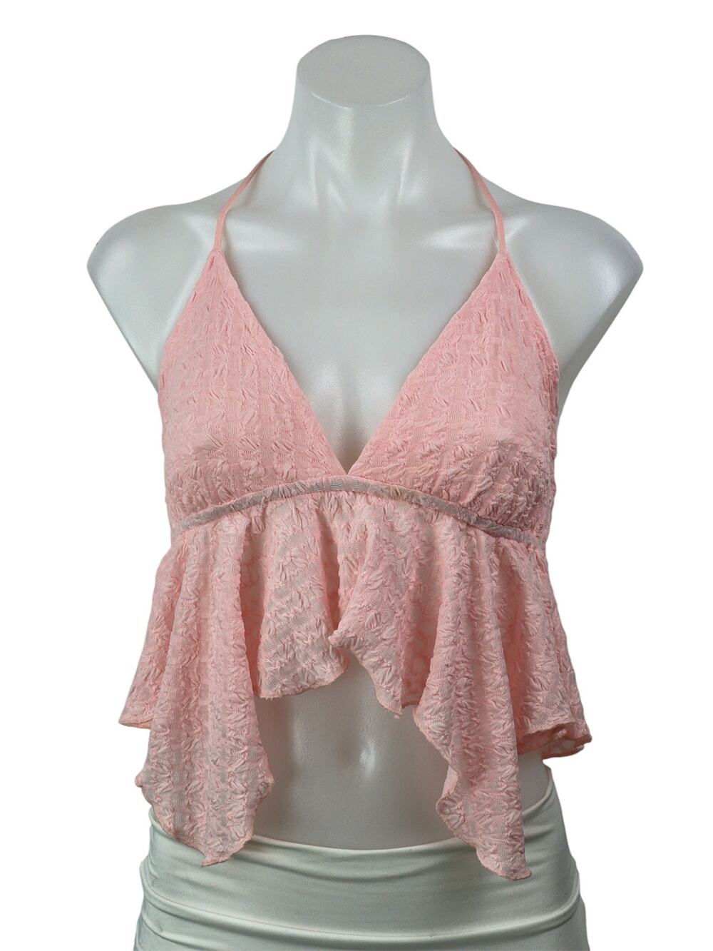 NEW Victoria + Sophia Pink Textured Halter Ruffle Asymmetric Crop Top Size S